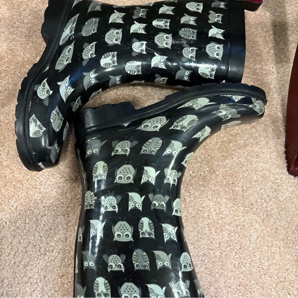 Capelli New York‎ Owl Print Rain Boots Women’s 6 Mid-Calf Rubber Pink Lining Box - Picture 3 of 6